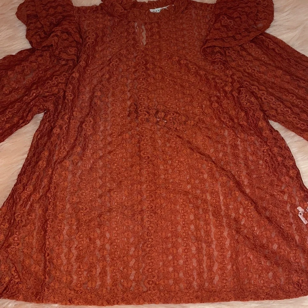 New Trendy Brick Color Sheer Crochet Mock Neck Long Sleeve Blouse